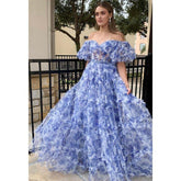 A-line Off-shoulder Ball Gown Tulle Printing Long Prom Dress Evening Gowns