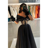 A-line Off-shoulder Beaded Waist Satin Long Prom Dress Evening Gowns