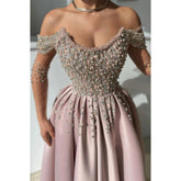 A-line Off-shoulder Beaded with Side Slit Party Prom Evening Dress