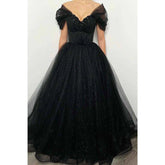 A Line Off Shoulder Beads Black Sparkly Formal Evening Gowns