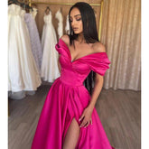 A-line Off-shoulder Pink Satin Pleats Long Prom Evening Dress with Slit