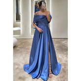 A-Line Off-Shoulder Satin Belt Split Prom Evening Formal Dress