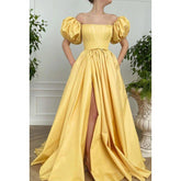 A-Line Off-Shoulder Satin Pleats Short Sleeves Prom Evening Formal Dress