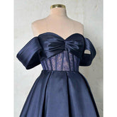 A-line Off-shoulder Satin Sheer Lace Long Prom Formal Dress