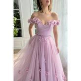 A Line Off The Shoulder 3d Flowers Long Prom Dress with Split