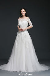 A-line Off-the-Shoulder Court Train Tulle Wedding Dresses with Buttons