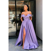 A-line Off-the-shoulder High Split Long Prom Dress with Pockets
