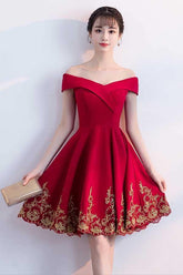 A-line Off The Shoulder Red Homecoming Dresses With Lace Applique PD122