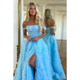 A Line Off The Shoulder Ruffles Side Slit Long Prom Dress