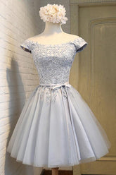 Robe de bal courte sans manches en tulle gris, coupe trapèze, épaules dénudées, PD139