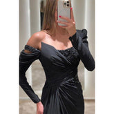 A Line One Shoulder Beads Long Sleeves Formal Evening Dress