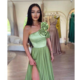 A Line One Shoulder Flowers Long Prom Formal Dress with Slit