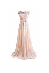 A Line Pink Long Lace Chiffon Prom Evening Dresses PG273