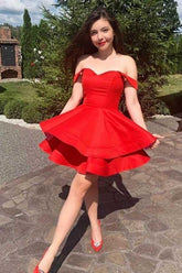 Vestido corto de fiesta de graduación con tirantes de satén rojo, corte en A, PD377