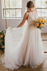 A-Line Round Neck Sweep Train Tulle Wedding Dress with Lace WD390