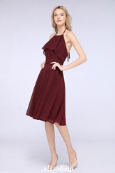 A-Line Ruffles Chiffon Halter Knee-Length Party Dress Simple Bridesmaid Dress