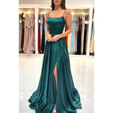 A Line Scoop High Split Simple Long Prom Dress with Pockets