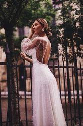A-line See Through Tulle Long Sleeve Wedding Dresses Pearl WD336