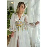 A Line Sexy Deep V Neck Appliques Long Sleeves Elegant Prom Party Dress with Slit