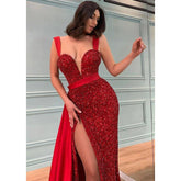 A Line Sexy Deep V Neck Side Slit Long Prom Formal Dress Glitter
