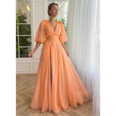 A Line Sexy V Neck Half Sleeves Elegant Long Prom Party Dress with Pockets