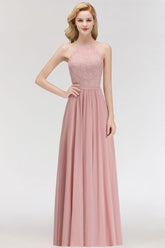 A-line Sleeveless Halter Long Lace Chiffon Bridesmaid Dress