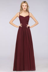 A-Line Spaghetti-Straps Sweetheart Sleeveless Bridesmaid Dress Ruffles Chiffon Evening Maxi Gown
