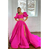 Robe de bal longue rose en deux pièces, coupe trapèze, avec nœud papillon carré et fente