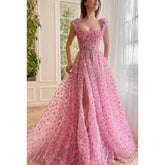 A Line Square Neck Floral 3D Lace Pleated A Line Long Prom Evening Dress