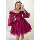 A Line Strapless Long Sleeves Sparkly Short Prom Dress Fuchsia Homecoming Dress
