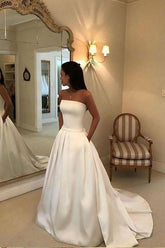 A-line Strapless Open Back Satin Ivory Wedding Dress with Pockets WD395