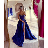 A Line Strapless Satin Beads Long Prom Formal Dress with Slit