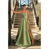 A Line Strapless Satin Pleats Long Prom Formal Dress with Pockets
