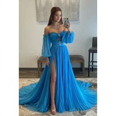 Robe de soirée trapèze sans bretelles en tulle, dos nu, manches 3/4