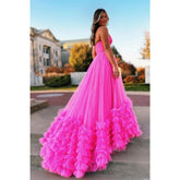 Robe de bal longue en tulle rose, coupe trapèze, sans bretelles, robe de soirée
