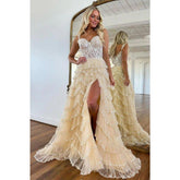 A Line Straps Applique Illusion Sparkly Long Prom Evening Gowns