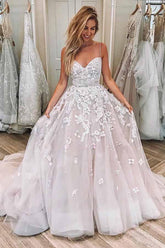 A-line Straps Sweetheart Appliques Tulle Long Wedding Dress WD369