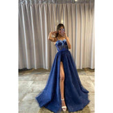 Robe de soirée trapèze sans manches en tulle avec bretelles et paillettes