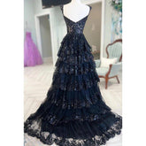 Robe de bal trapèze sans manches, en tulle, avec appliques et paillettes, fermeture éclair