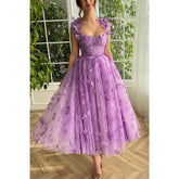 A Line Sweetheart 3d Lace Purple Vintage Prom Dress with Pockets