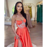 A Line Sweetheart Beads Satin Long Prom Formal Dress with Slit