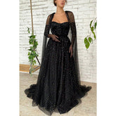 Robe de bal longue en tulle noir à col en cœur et étoiles pailletées
