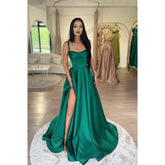 A Line Sweetheart High Split Green Long Prom Dress with Pockets