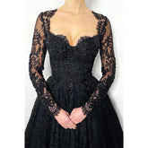 A Line Sweetheart Lace Long Sleeves Beads Black Elegant Formal Evening Dress