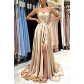 A Line Sweetheart Pleats Side Slit Long Prom Formal Dress