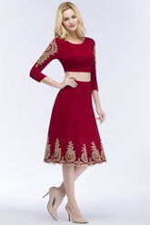 Vestidos de fiesta de dos piezas de corte A, tallas grandes, largo hasta la rodilla, mangas largas con apliques