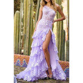 A Line Unique One Shoulder Sequins Lace Appliques Long Prom Dress