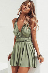 Robe courte verte de bal de promo, coupe trapèze, col en V, style convertible