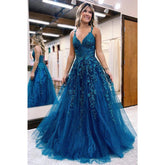 A Line V-neck Lace Appliques Long Prom Dress