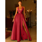 A Line V Neck Satin Pleats Side Slit Long Prom Formal Dress with Pockets